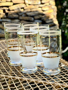 Frosted Glass Water Jug and Set of Four Gold Rimmed Glasses