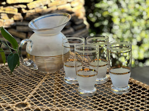 Frosted Glass Water Jug and Set of Four Gold Rimmed Glasses