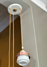 Load image into Gallery viewer, Mid-Century Pendant with Three White Glass Shades and Copper Trim

