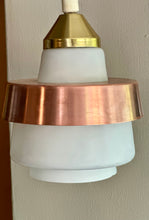 Load image into Gallery viewer, Mid-Century Pendant with Three White Glass Shades and Copper Trim
