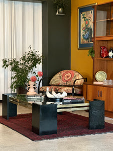 Modernist Marbled Stone, Brass & Glass Coffee Table