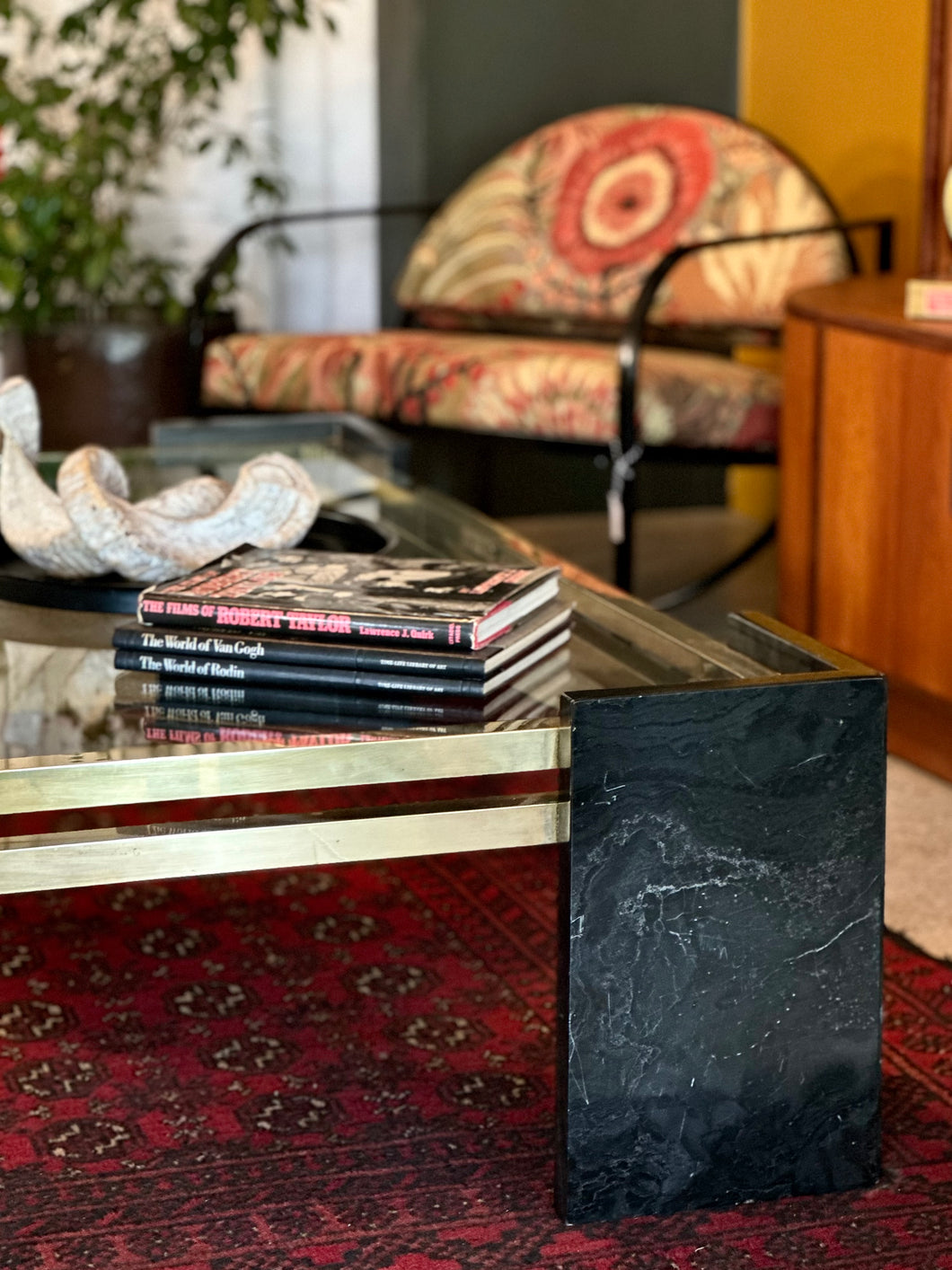 Modernist Marbled Stone, Brass & Glass Coffee Table