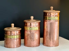 Load image into Gallery viewer, Set of Three Vintage Solid Copper &amp; Brass Kitchen Containers
