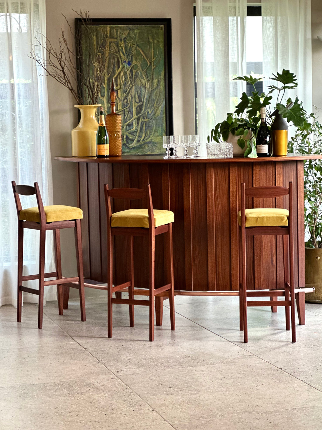Mid-Century Curved Bar with Copper Footrest & 3 Bar Chairs