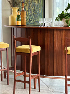 Mid-Century Curved Bar with Copper Footrest & 3 Bar Chairs