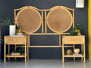 Cane Double Headboard With  Pedestals