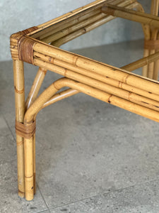 Sturdy Vintage Cane Dining Table With Glass Top