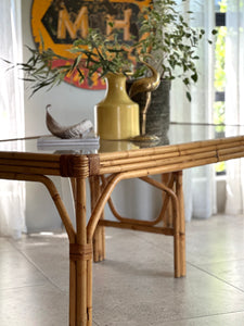 Sturdy Vintage Cane Dining Table With Glass Top