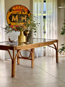 Sturdy Vintage Cane Dining Table With Glass Top