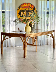 Sturdy Vintage Cane Dining Table With Glass Top