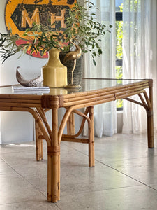 Sturdy Vintage Cane Dining Table With Glass Top