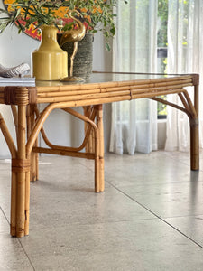 Sturdy Vintage Cane Dining Table With Glass Top