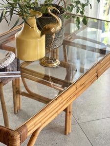 Sturdy Vintage Cane Dining Table With Glass Top