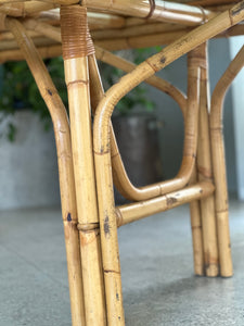 Sturdy Vintage Cane Dining Table With Glass Top