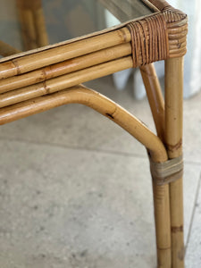 Sturdy Vintage Cane Dining Table With Glass Top