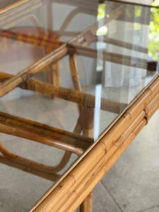 Sturdy Vintage Cane Dining Table With Glass Top