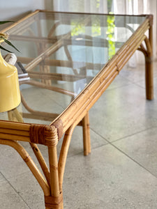 Sturdy Vintage Cane Dining Table With Glass Top