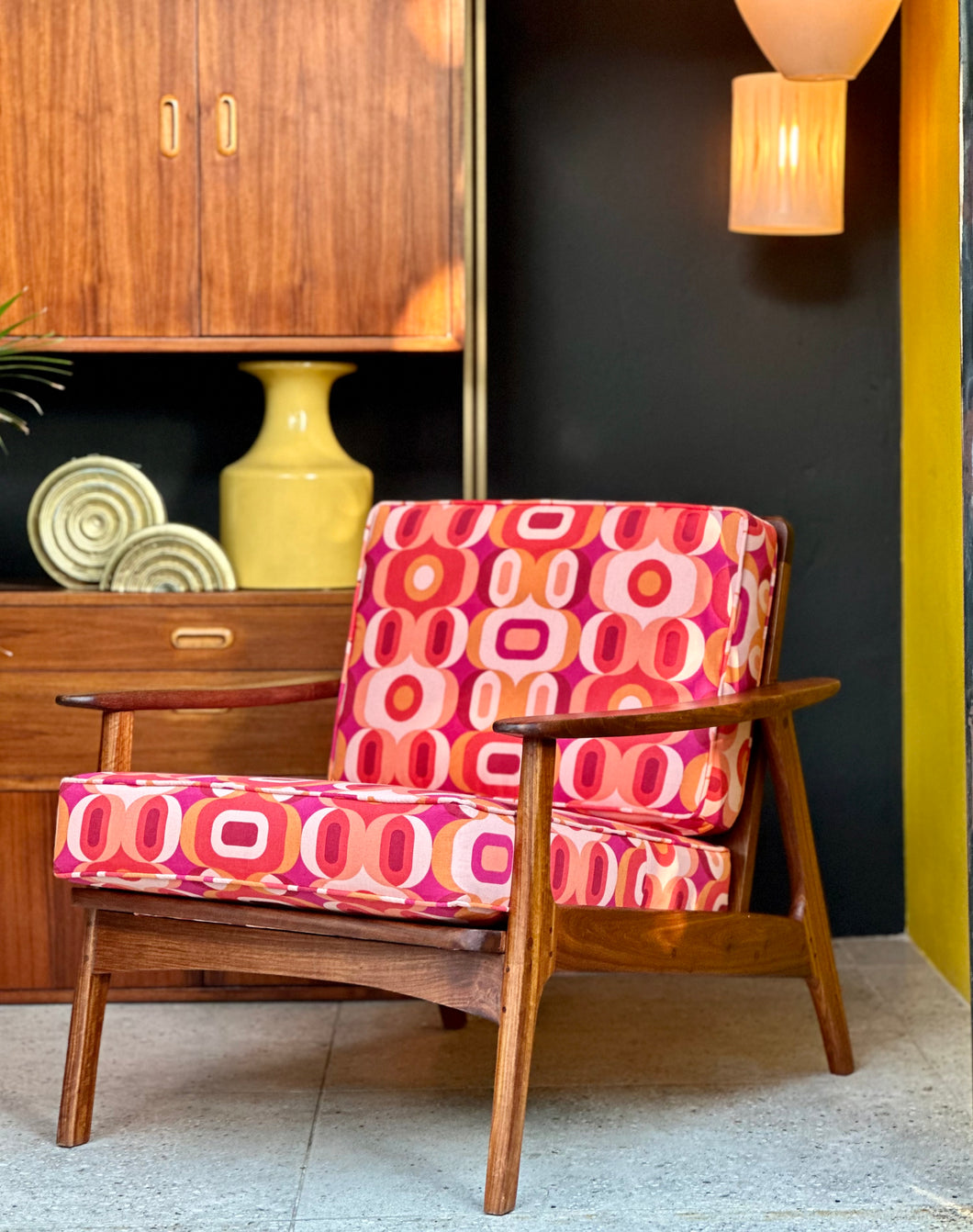 Mid-Century Kiaat Armchair in Retro-Style Fabric