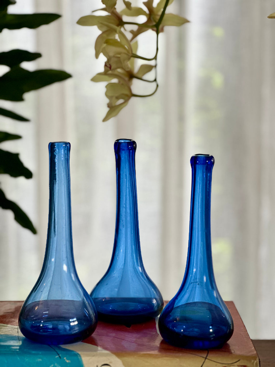 Decorative Handmade Blue Glass Bottles - Set of Three