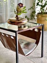 Load image into Gallery viewer, Glass-Top Side Table with Leather Magazine Holder
