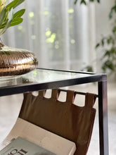 Load image into Gallery viewer, Glass-Top Side Table with Leather Magazine Holder
