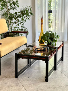 Pair of Steel, Sculptural Wood & Glass-Top Side Tables