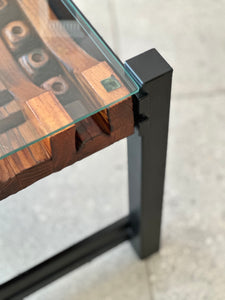 Pair of Steel, Sculptural Wood & Glass-Top Side Tables