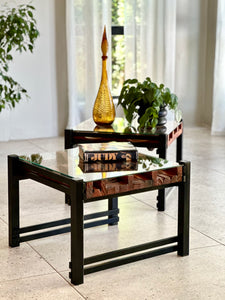 Pair of Steel, Sculptural Wood & Glass-Top Side Tables