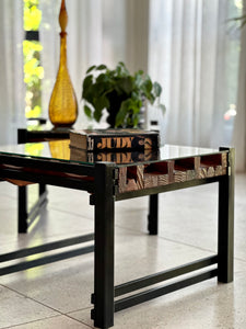 Pair of Steel, Sculptural Wood & Glass-Top Side Tables