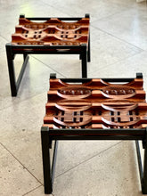 Load image into Gallery viewer, Pair of Steel, Sculptural Wood &amp; Glass-Top Side Tables
