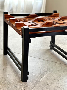 Pair of Steel, Sculptural Wood & Glass-Top Side Tables