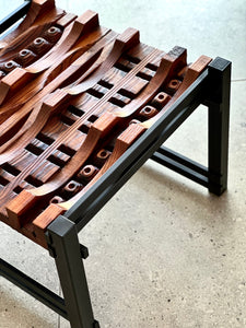 Pair of Steel, Sculptural Wood & Glass-Top Side Tables