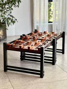 Pair of Steel, Sculptural Wood & Glass-Top Side Tables