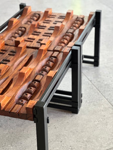 Pair of Steel, Sculptural Wood & Glass-Top Side Tables