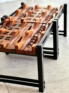 Pair of Steel, Sculptural Wood & Glass-Top Side Tables