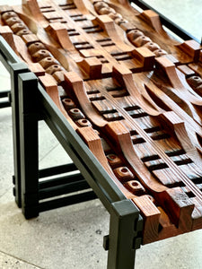 Pair of Steel, Sculptural Wood & Glass-Top Side Tables