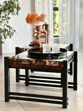 Load image into Gallery viewer, Pair of Steel, Sculptural Wood &amp; Glass-Top Side Tables
