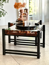 Load image into Gallery viewer, Pair of Steel, Sculptural Wood &amp; Glass-Top Side Tables
