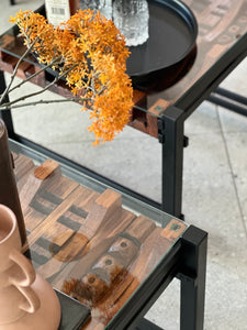 Pair of Steel, Sculptural Wood & Glass-Top Side Tables