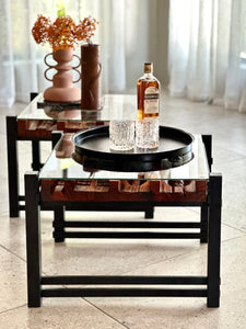 Pair of Steel, Sculptural Wood & Glass-Top Side Tables