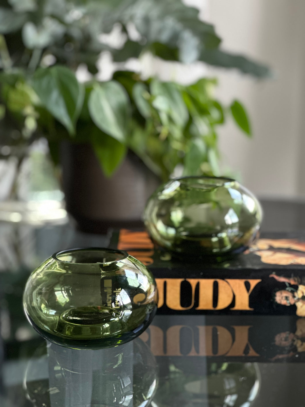 Pair of Green Glass Vases/Candle Holders