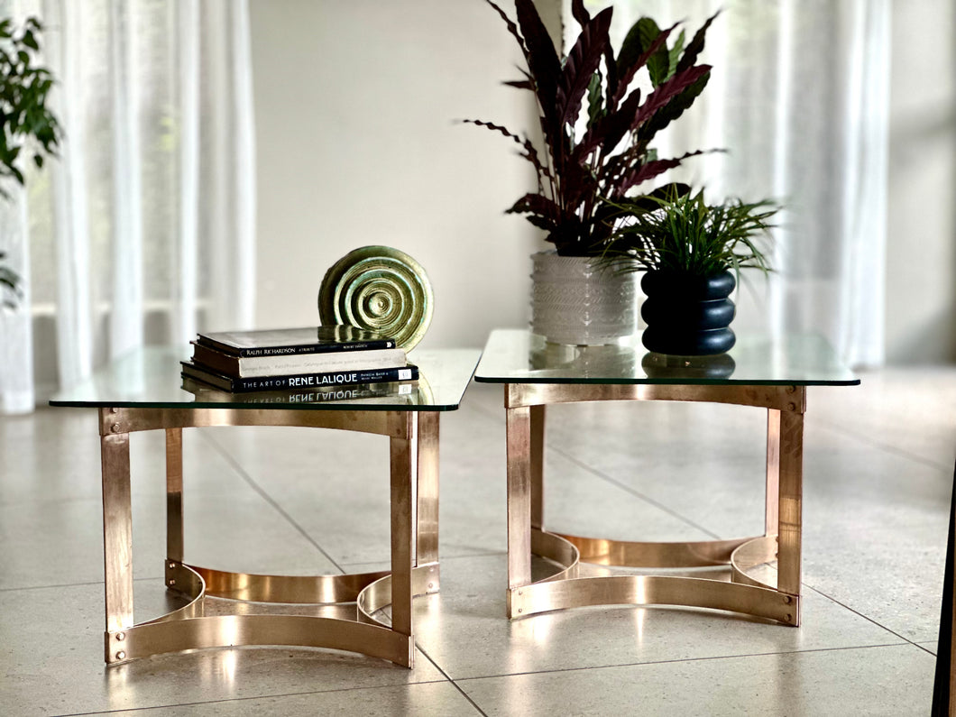 Pair of Solid Brass & Glass Side Tables — Hollywood Regency, c.1970s