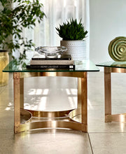 Load image into Gallery viewer, Pair of Solid Brass &amp; Glass Side Tables — Hollywood Regency, c.1970s
