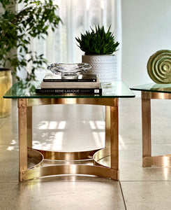 Pair of Solid Brass & Glass Side Tables — Hollywood Regency, c.1970s