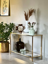 Load image into Gallery viewer, Two-Tiered Brass Plated Console with Glass
