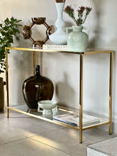 Load image into Gallery viewer, Two-Tiered Brass Plated Console with Glass
