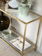 Load image into Gallery viewer, Two-Tiered Brass Plated Console with Glass
