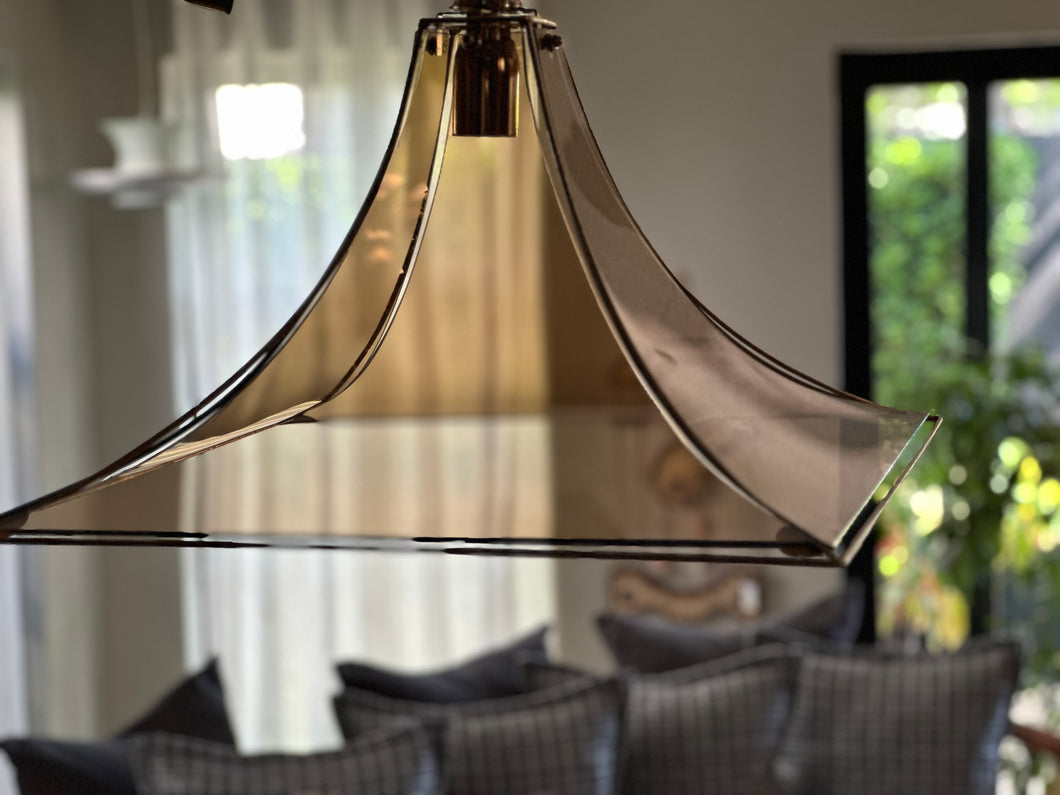 Brass and Smokey Glass Pagoda Pendant