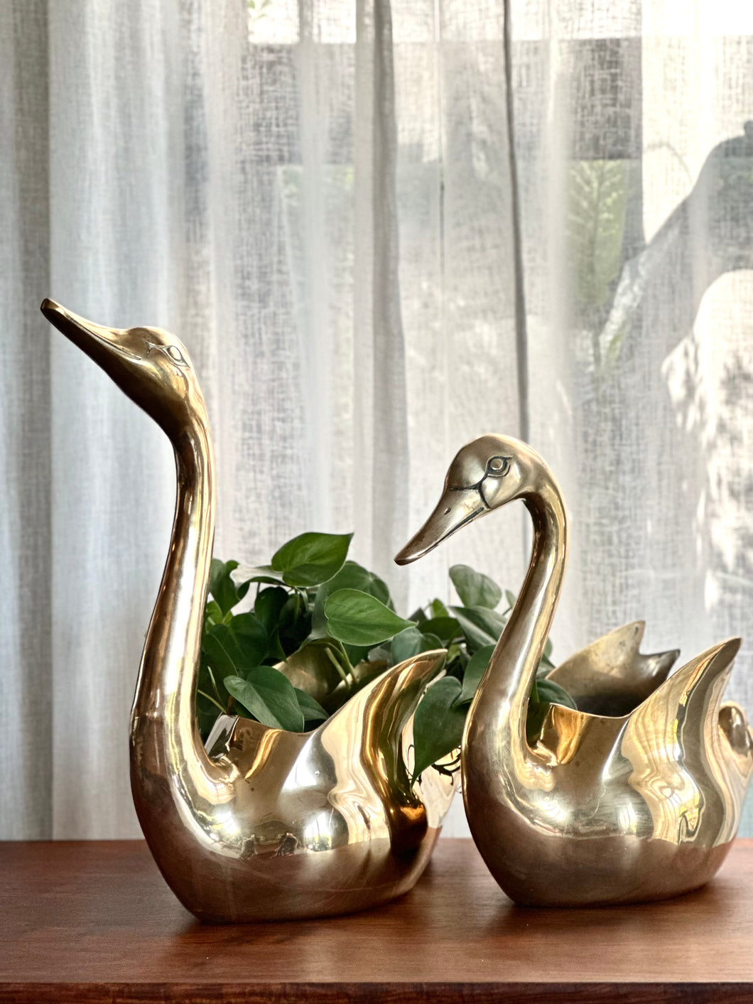 A Pair Of Large Brass, Swan Planters