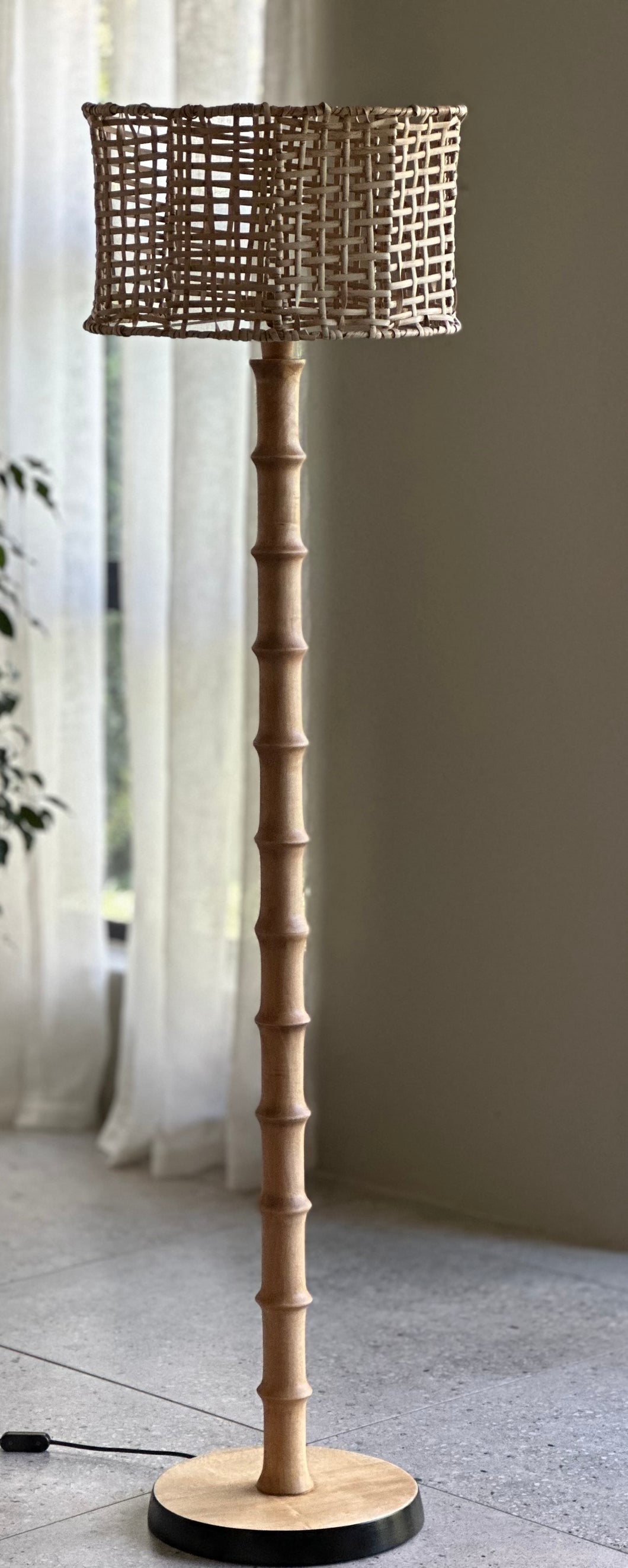 Beech Wood Floor Lamp with Rattan Shade